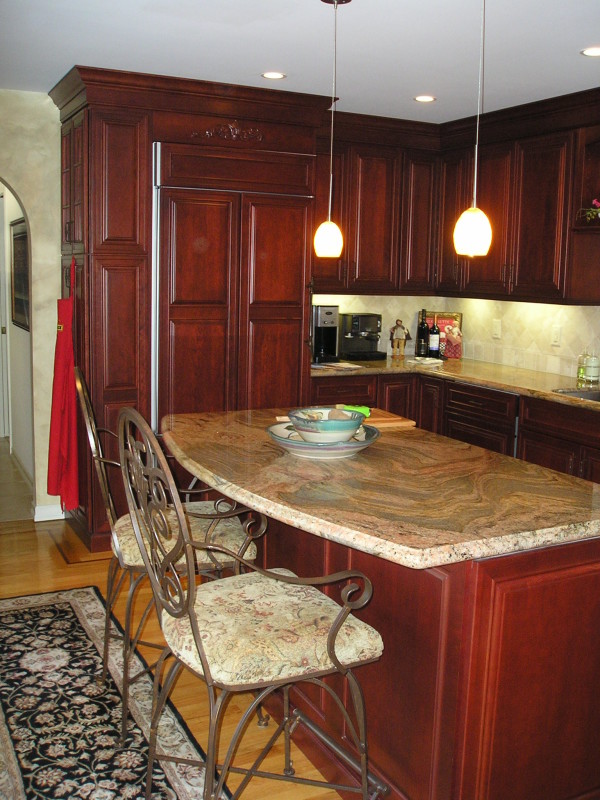 Furniture,Good Looking White Ceiling Design For Kitchen Island In Gorgeous Brown Cream Color With Stylish Brown Iron Bar Stools And Charming Cherry Kitchen Cabinet Also Beautiful Double Hanging Lamp,Simple But Impressive Designs For Kitchen Islands