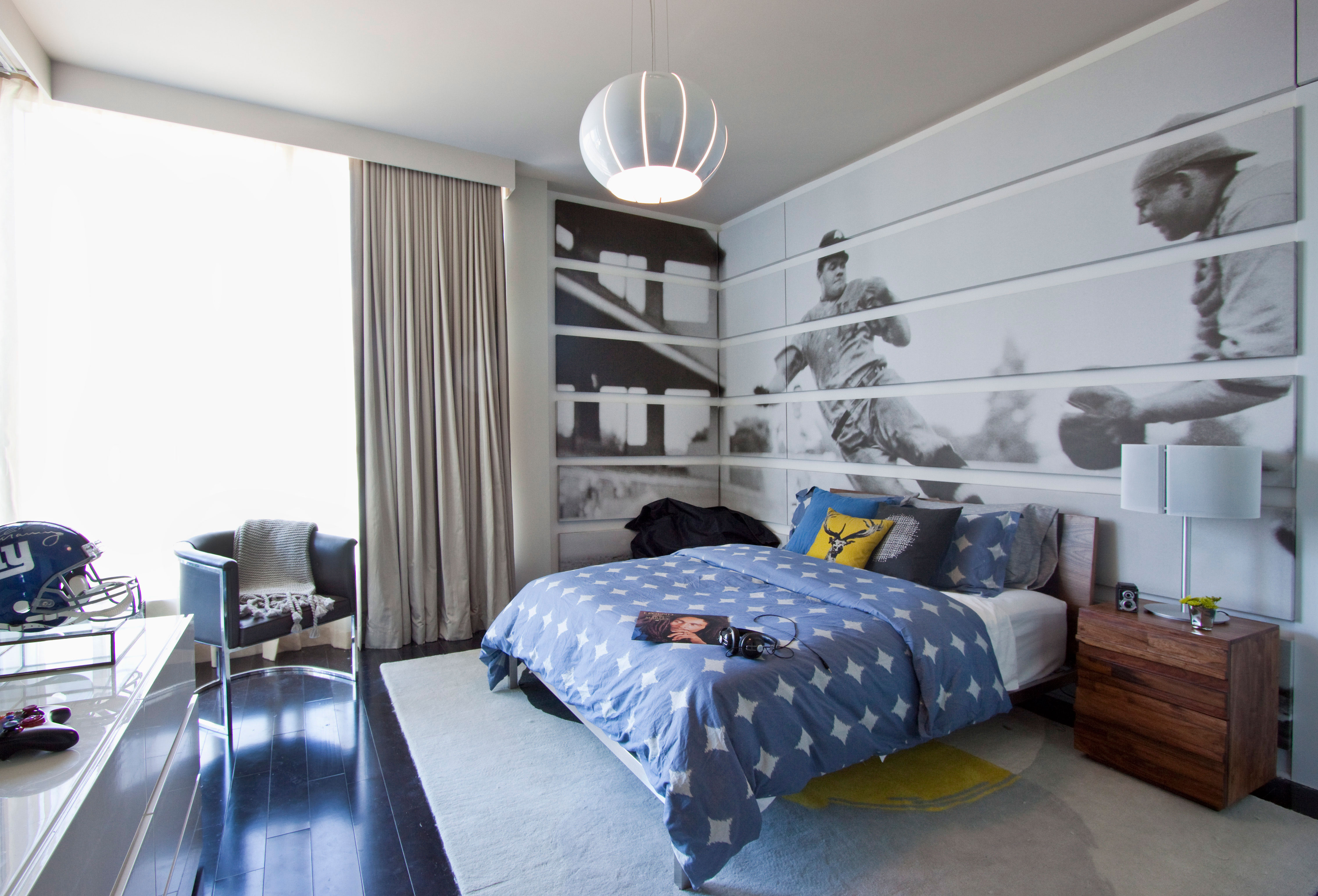 Bedroom,Marvelous Sport Wallpaper Male Room Ideas With Wonderful White Bed Sheet And Beautiful Brown Wood Nightstand Table Plus Gorgeous White Drum Table Lamp Also Soft White Rug On Combined Cool Black Wood Linen Floor,Cool Male Room Ideas For Bedrooms