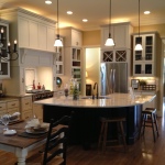 Furniture,Awesome Brown Wood Open Kitchen Floor Plan Design Ideas With Beautiful White Standing Kitchen Cabinet And Wonderful Curved Kitchen Islnad On Combined White Black Color Also Gorgeous Three Hanging Lamp,Awesome Open Kitchen Floor Plans Design