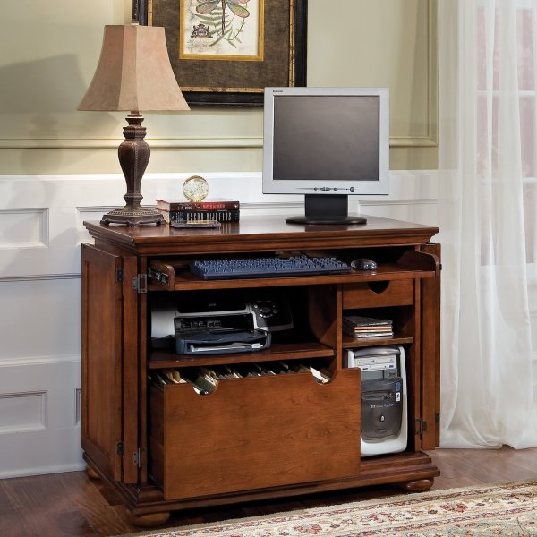 Furniture,Trendy Best Desks For Small Space Design With Wonderful Brown Wood Computer Desk And Antique Desk Lamp Plus Beautiful Storage Also Soft White Curtain,Stunning Office Room With Best Desks For Small Spaces