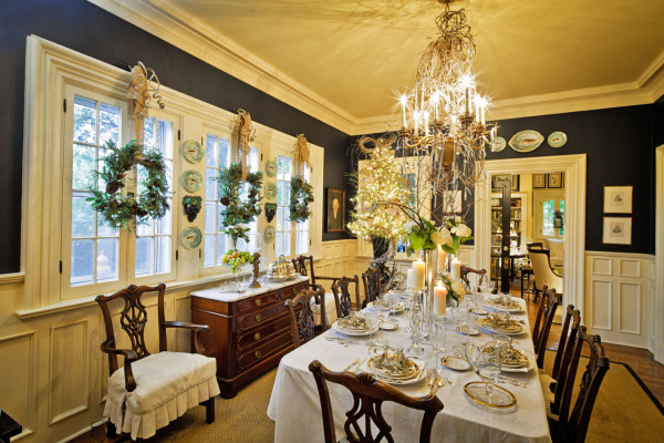 Dining Room,Cool Large Space Christmas Dinner Table Decoration With Style Rectangular Dining Table On Combined Soft White Table Cloth And Nice Dark Brown Wood Dining Chairs Plus Elegant Chandelier Also Antique Brown Wood Dresser,Sweet Romantic Christmas Dinner Table Decorations