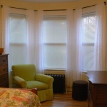 Furniture,Amazing Small Space Bay Window Decorating With Wonderful White Curtains And Comfortable Green Fabric Single Seater Sofa Plus Nice Dark Brown Wood Nightstand Table Also Nice Brown Wood Vanity Table For Bedroom,Contemporary Bay Window Decorating