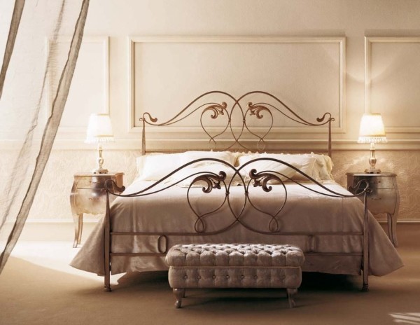 Bedroom,Stunning Black King Iron Bedroom Design Inspiration On Combined Flowefy Ornament And Cool Two Wood Nightstand Table Also Cozy White Bench For Elegant Concept,Contemporary Iron Bedroom Design