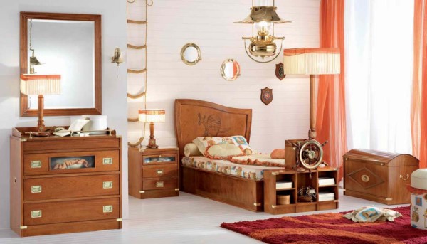 Bedroom,Dazzling Sailor Kids Bedroom Design Inspiration With Style Wood Bed Frame On Combined Soft Mattress And Antique Pendant Lamp Also Wonderful Wood Nightstand Table For Antique Concept,Delight Kids Bedroom Design