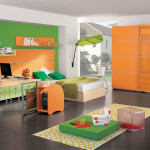 Bedroom,Fascinating Large Space Kid Picture Ideas With Picturesque Low Profile Bed In Beautiful Bright Brown Wood Bed Frame And Cool Wheels Bright Brown Mixed Green Wood Drawers Plus Nice Bright Brown Wood Desk Also Extra Large Orange Wood Wardrobe,Cute And Delightful Bedrooms Kid Picture Ideas