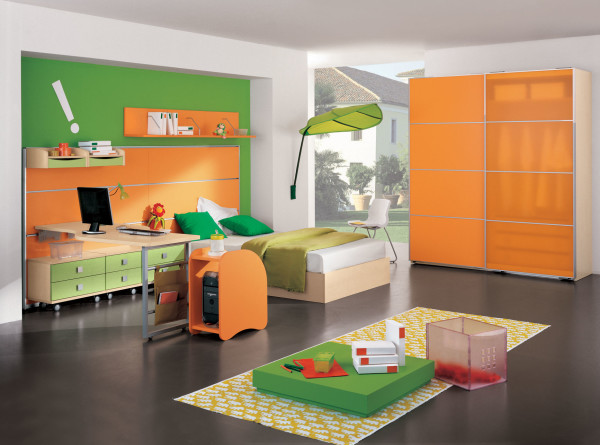 Bedroom,Fascinating Large Space Kid Picture Ideas With Picturesque Low Profile Bed In Beautiful Bright Brown Wood Bed Frame And Cool Wheels Bright Brown Mixed Green Wood Drawers Plus Nice Bright Brown Wood Desk Also Extra Large Orange Wood Wardrobe,Cute And Delightful Bedrooms Kid Picture Ideas