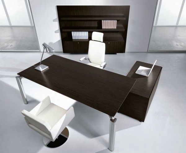 Office & Workspace,Amazing Executive Office Furniture Set Design With Charming Black Aluminum Desk On Combined Stand Lamp And Modern White Swivel Chairs Also Modern Bookcase,Smart Modern Executive Office Furniture Sets To Your Workspace