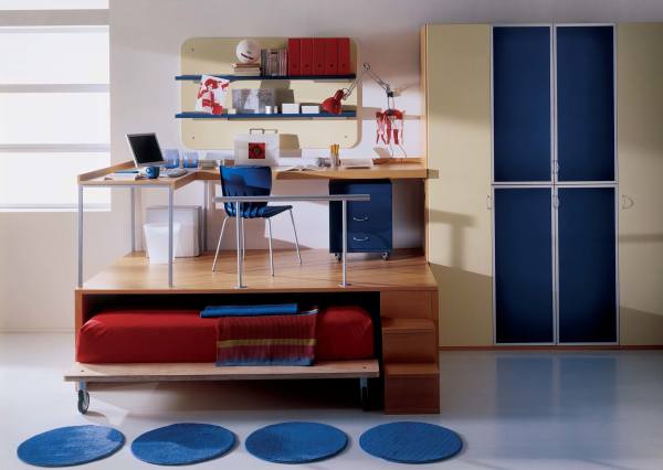 Bedroom,Exquisite White Background Children Bedroom Design With Amazing Trundle Bed On Combined Comfortable Red Bed Sheet And Cool Brown Wood Desk Plus Beautiful Blue Chair Also Stylish Large Blue Cream Wardrobe,Cool Stylish With Themed Children Bedroom Designs