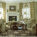 Interior,Picturesque Cream Wall Paint Large Window Curtain Ideas With Comfortable Cream Sofas And Elegant Brown Wood Table Also Rustic Fireplace For Living Room,Good Large Window Curtain Ideas