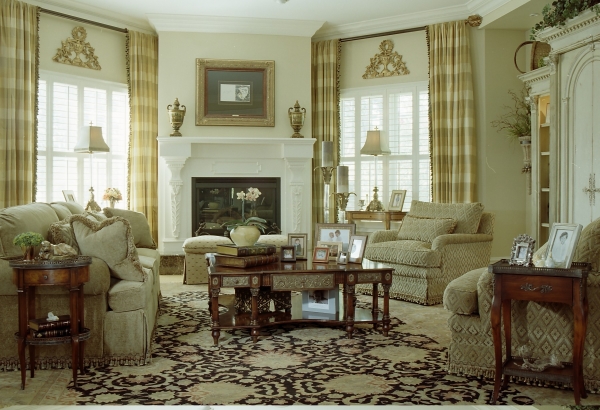 Interior,Picturesque Cream Wall Paint Large Window Curtain Ideas With Comfortable Cream Sofas And Elegant Brown Wood Table Also Rustic Fireplace For Living Room,Good Large Window Curtain Ideas