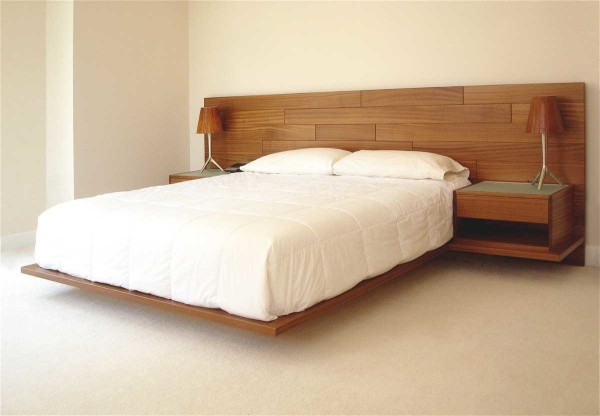 Bedroom,Traditional Floating Bed Design Ideas With Gorgeous Wood Bed Frame On Combined Soft White Mattress And Style Plain Flax Background Mixed Also Unique Two Desk Lamp,Pleasured Floating Bed Ideas