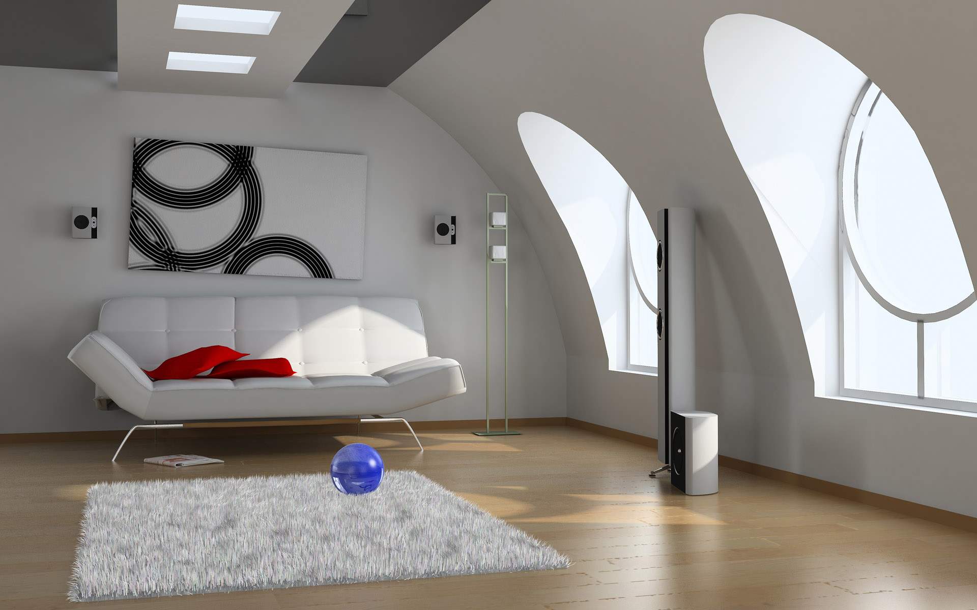 Furniture,Minimalist Living Room Interior Design Ideas With Modern White Sofa On Combined Soft Red Cushions And Cool White Fur Rug Plus Trendy Bright Brown Laminate Flooring Also Unique Curved Shape Glass Windows Using Beautiful White Wall Paint,Best Interior Design Ideas To Your Home