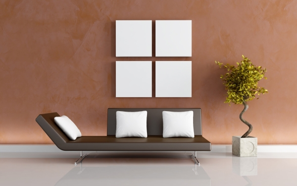 Interior,Astounding Brown Wall Paint Interior Design Ideas With Splendid Black Lounge Chair On Combined Soft White Cushions And Cool Potted Plant Also Modern White Glossy Floor ,Minimalist Interior Designers