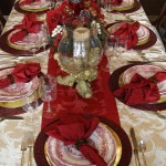 Dining Room,Romantic Table Decoration For Christmas With Wonderful White Mixed Red Table Cloth And Classic Holder Ceramic Handcraft On Combined Beautiful Red Napskins Floral Also Elegant Candle In Glass Jars,Splendid Dining Table Decorations For Christmas