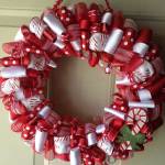 Interior,Admirable Outdoor And Indoor Christmas Wreath Decorating Ideas With Wonderful White Red Ribbons Plus Cute Candy Cane Craft Also Beautiful White Wood Door,Make Your Guests Be Impressed To See The Christmas Wreath Decorating Ideas