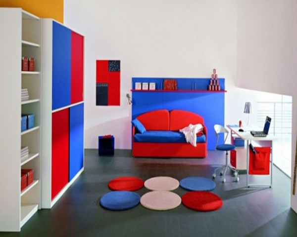 Bedroom,Fancy White Wall Paint Boy And Girl Bedroom Ideas With Stunning Red Day Bed On Combined Comfortable Blue Bed Sheet Plus Stylish Study Space Also Gorgeous Red Blue Sliding Doors,Exceptional Delightful Boy And Girl Bedroom Ideas