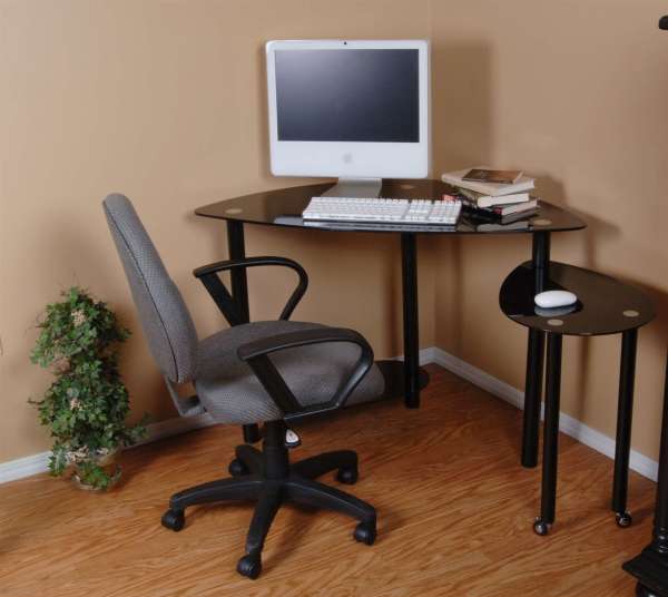 Furniture,Good Mid Century Modern Desk For Small Space Design Ideas With Charming Black Corner Computer Desk And Comfortable Gray Swivel Chair Also Cool Black Small Round Table On Combined Wood Floor,Styles Modern Desks For Small Spaces