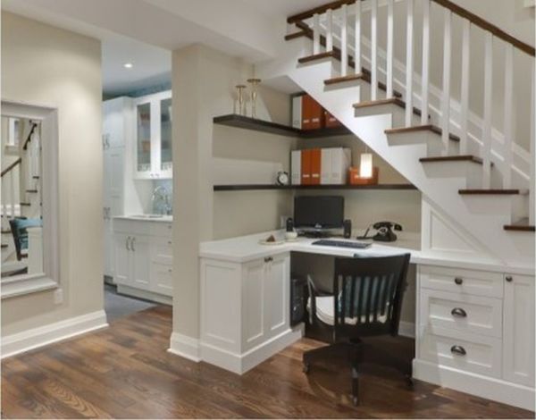 Furniture,Exquisite Corner Modern Desk For Small Space Design Inspiraion With Cool Below Stairs And Style Intergrated Cabinet On Combined Stairs Also Comfortable Swivel Chair In Black Color Plus Wonderful Bookshelf,Styles Modern Desks For Small Spaces