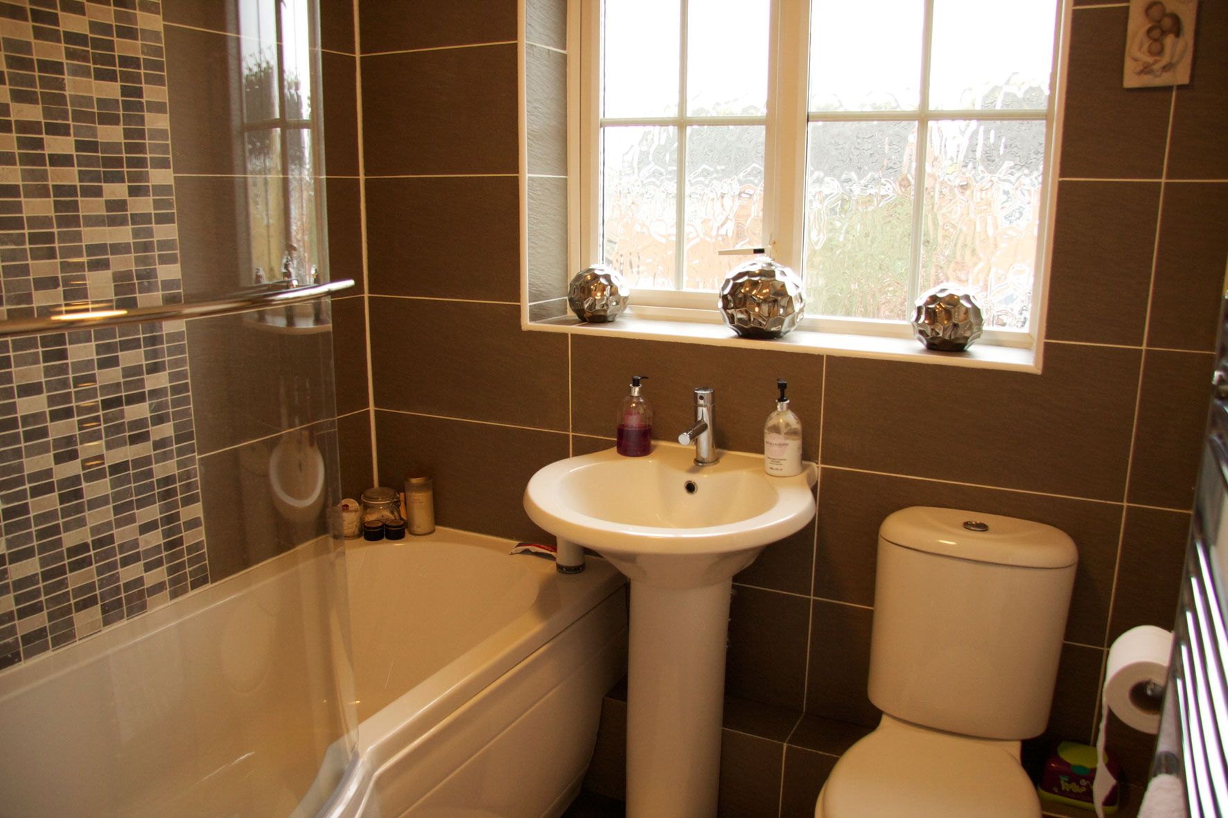 Bathroom,Picturesque Small Space Bathroom 2011 Design Inspiration With Cool Corner White Ceramic Bathtub And Wonderful White Ceramic Pedestal Sink Also Comfortable White Ceramic Toilet,Perfect Bathrooms 2011 Design Modern