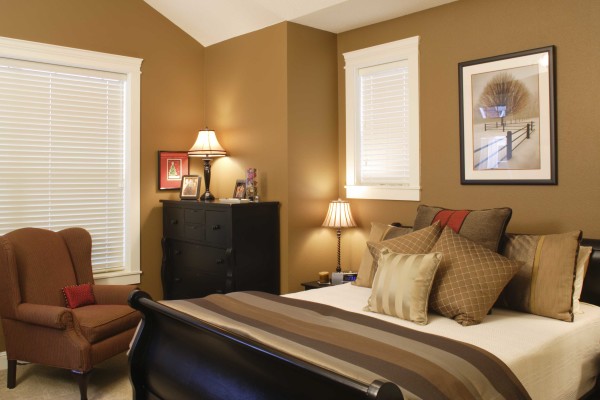 Bedroom,Fascinating Beige Background Bedroom Color And Design With Cool Black Wood Bed Frame And Picturesque Black Wood Dresser Also Comfortable Brown Fabric Single Seater Sofa,Affordable Teenage Bedroom Colors And Designs Latest