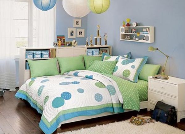 Bedroom,Stunning Pale Blue Wall Paint Tween Room Decoration With Beautiful Polkat Dot Bed Sheet In Green Color And Soft Pillows Also Wonderful White Wood Bedside Table On Combined Nice Brown Wooden Floor Plus Cool Lampion Pendant Light ,Cool Awesome Tween Rooms Design Ideas