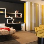 Bedroom,Contemporary Black Wall Paint Tween Room Decoration With Comfortable Single Bed Plus Unique White Open Bookshelf And Charming Yellow White Wardrobe Also Nice Brown Rug On Combined Gray Tile Floor ,Cool Awesome Tween Rooms Design Ideas