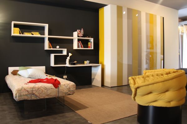 Bedroom,Contemporary Black Wall Paint Tween Room Decoration With Comfortable Single Bed Plus Unique White Open Bookshelf And Charming Yellow White Wardrobe Also Nice Brown Rug On Combined Gray Tile Floor ,Cool Awesome Tween Rooms Design Ideas