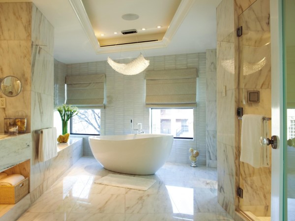 Bathroom,Fascinating White Ceiling Small Bathroom Design Idea With Awesome White Freestanding Bowl Bathtub And Nice Stainless Freestanding Bathtub Faucet Plus Modern White Black Marble Floor Also Luxurious Crystal Pendant Lamp,The Best Beautiful And Small Bathroom Design Ideas
