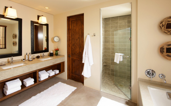Bathroom,Enticing Cream Wall Paint Small Bathroom Design Idea With Charming Floating Double Sink Vanity Table On Combined Cool Chrome Bathroom Faucets And Beautiful Black Wood Wall Mirrors Frame Also Soft White Run Rugs,The Best Beautiful And Small Bathroom Design Ideas