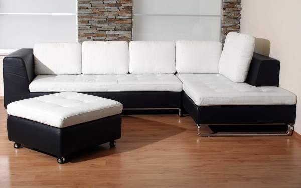 Furniture,New Model Sofa For Small Living Room Design Ideas With Beautiful White Black Leather Sectional Sofa Plus Cool Metal Legs And Soft White Black Ottoman On Combined Nice Bright Wood Floor For Modern Concept,The Most Convenient Sofas For Small Living Rooms