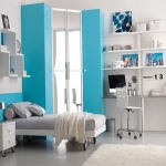Bedroom,Amazing Blue White Wall Paint Tween Room Design Ideas With Modern Wheels Single Bed On Combined Beautiful White Bed Frame And Charming Wheels Nightstand Table In White Color Also Unique Open Book Shelves Plus Comfortable Study Space ,Cool Awesome Tween Rooms Design Ideas