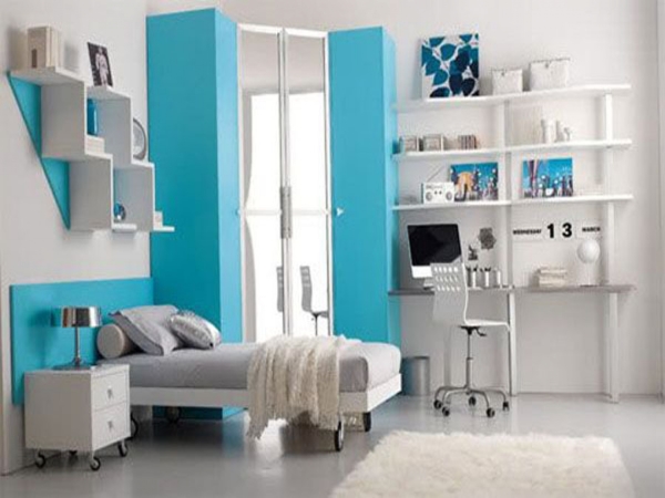Bedroom,Amazing Blue White Wall Paint Tween Room Design Ideas With Modern Wheels Single Bed On Combined Beautiful White Bed Frame And Charming Wheels Nightstand Table In White Color Also Unique Open Book Shelves Plus Comfortable Study Space ,Cool Awesome Tween Rooms Design Ideas