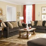 Furniture,Splendid Sofa For Small Living Room Design Ideas With Style Drak Brown Fabric Sofas And Antique Brown Wood Coffe Table Also Beautiful Glass Windows On Combined Red Curtains,The Most Convenient Sofas For Small Living Rooms