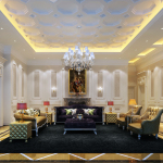 Furniture,Fascinating Large Space Sitting Room Design Inspiration With Luxurious Sofas And Gorgeous Black Ottoman On Combined Soft Black Great Area Rug Also Stunning White Chandelier,Some Fancy Sitting Rooms