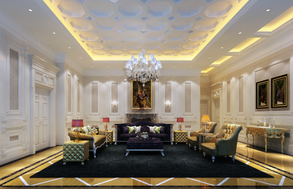 Furniture,Fascinating Large Space Sitting Room Design Inspiration With Luxurious Sofas And Gorgeous Black Ottoman On Combined Soft Black Great Area Rug Also Stunning White Chandelier,Some Fancy Sitting Rooms