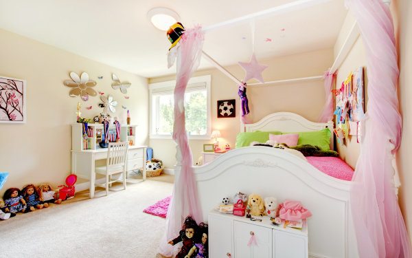 Bedroom,Unusual Large Space Children Bedroom Design Inspiration With Nice White Wood Canopy Bed And Cool White Wood Study Table Plus Comfortable White Wood Chair Also Beautiful White Ceiling,Cool Stylish With Themed Children Bedroom Designs