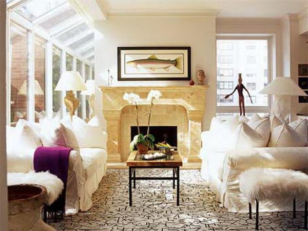 Apartments,Marvellous White Wall Paint Apartment Ideas With Comfortable White Sofas And Nice Rectangular Glass Table Plus Beautiful Cream Granite Fireplace Also Modern Glass Windows For Luxurious Concept,Comfort Studio For Contemporary Apartment Ideas