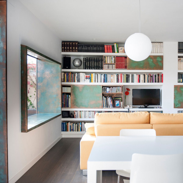 Apartments,Fascinating White Wall Paint Very Small Apartment Design Inspiration With Comfortable Light Orange Sofa And Beautiful Large Open Book Shelves Also Gorgeous White Ball Pendant Lamp,Comfy Studio In Very Small Apartment Design