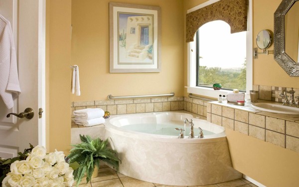 Furniture,Adorable Home Interior Design Ideas With Charming Corner White Ceramic Bathtub And Modern Stainless Bathroom Faucet Also Gorgeous Undermount Trough Sink Bathroom Using Picturesque Beige Wall Paint,Best Home Interior Design Ideas 2015