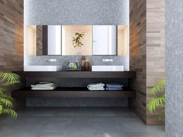 Bathroom,Natural Nuance Bathroom Vanity Ideas With Charming Double Vessel Sink Console Vanity And Modern Shinny White Ceramic Washstands Plus Cool Waterfall Bathroom Faucet Also Wonderful Three Wall Mirror,Contemporary Bathroom Vanity Ideas