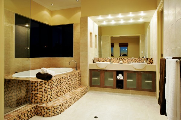 Bathroom,Enthralling Yellow Wall Paint Swedish Bathroom Design With Stunning Built In Bathtub And Beautiful Double White Ceramic Vessel Sink Plus Splendid Frosted Glass Doors Vanity Cabinet Also Nice Large Wall Mirror,Swedish Bathroom Design Modern