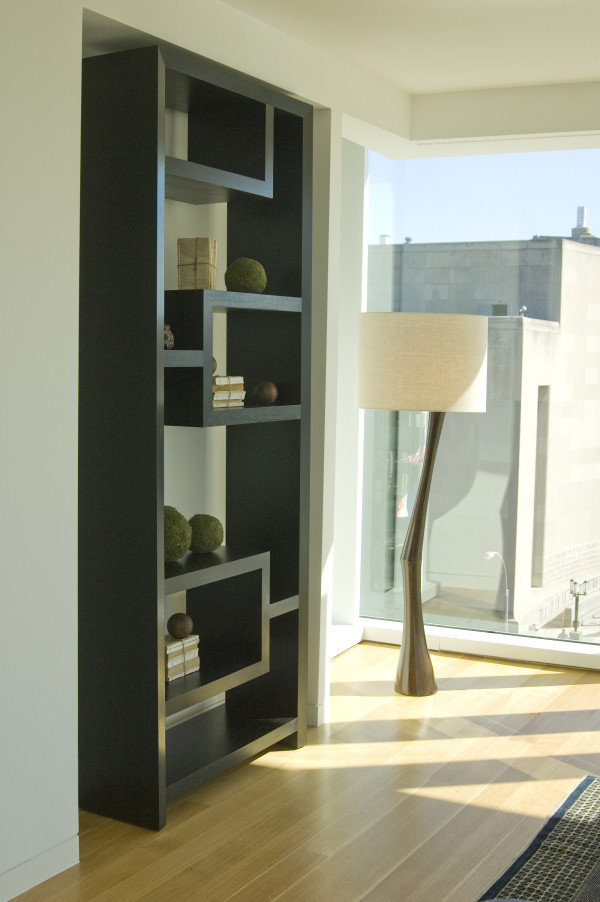 Furniture,Exceptional White Wall Paint Book Shelf Design Ideas With Contemporary Black Wood Bookshelf  And Unique White Drum Floor Lamp Also Nice Bright Brown Wood Linen Floor,Contemporary Furniture Book Shelf Designs 2015