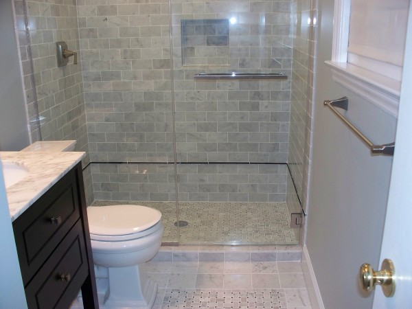 Bathroom,Fancy Gray Ceramic Tile Wall Small Showers For Small Bathroom Design Inspiration With Charming White Ceramic Toilet And Splendid Black Wood Washstand Sink On Combined Beautiful White Marble Countertop Also Exquisite Glass Sliding Door,Elegant Small Showers For Small Bathrooms Inspiration