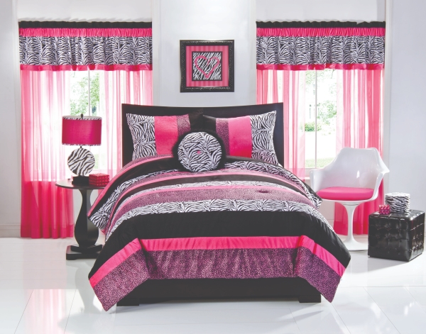 Bedroom,Fabulous White Wall Paint Bedroom Design For Teenage Girl With Wonderful Pink Black White Bedding On Combined Zebra Pattern And Unique Brown Wood Bedside Table Plus Cool Zebra Pattern Table Lamp Also Beautiful Double Curtains In Pink Color ,Modern Bedroom Designs For Teenage Girls