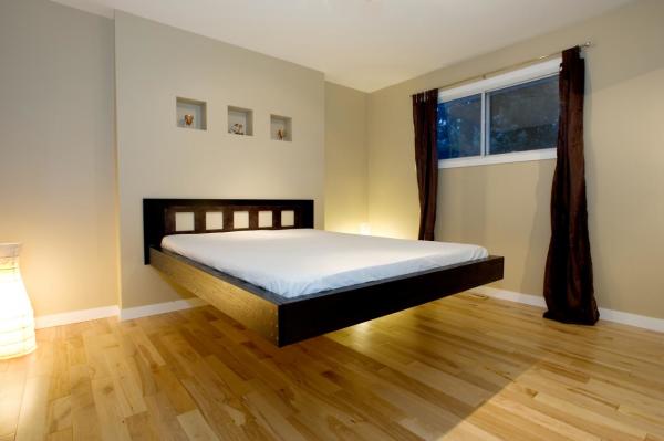 Bedroom,Fascinating Beige Wall Paint Floating Bed Design Ideas With Beautiful Black Bed Frame On Combined Soft White Mattress And Nice Brown Laminate Flooring Also Charming Black Curtains,Pleasured Floating Bed Ideas