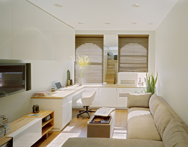 Apartments,Amazing Very Small Apartment Design Ideas With Charming Cream Sectional Sofa And Cool Corner Study Space Plus Trendy Bright Brown Wood Floor Also Wonderful Tv Wall Unit,Comfy Studio In Very Small Apartment Design