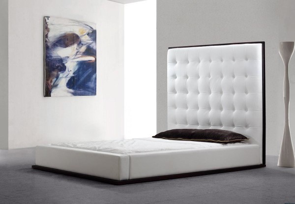 Bedroom,Extraordinary White Leather Bed Frame Design Ideas With Cool Amazing White Height Headboard And Comfortable Black Pillow Also Beautiful Artwork,Style Low Profile Bed Design With Leather Beds