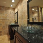 Bathroom,Contemporary Small Space Bathroom Design Ideas With Gorgeous Double Brown Wood Bathroom Vanity On Combined Black Marble Countertop And Cool Glass Vessel Sinks Also Beautiful Black Wall Mirror Frames,Fresh And Clean Bathroom Designs Modern