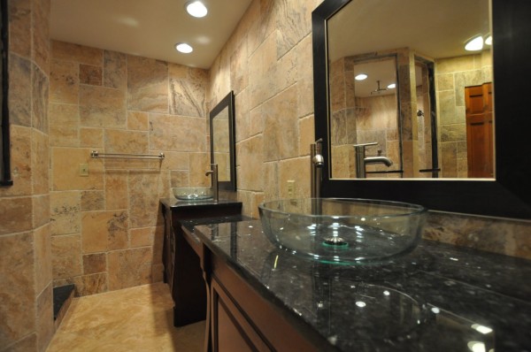 Bathroom,Contemporary Small Space Bathroom Design Ideas With Gorgeous Double Brown Wood Bathroom Vanity On Combined Black Marble Countertop And Cool Glass Vessel Sinks Also Beautiful Black Wall Mirror Frames,Fresh And Clean Bathroom Designs Modern