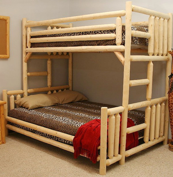 Bedroom,Marvelous Bamboo Bed Design Ideas With Stylish Double Twin Bunk Bed And Soft Bed Cover On Combined Trendy Leopard Also Cozy Fabric Red Blanket,Modern Bamboo Bed Designs